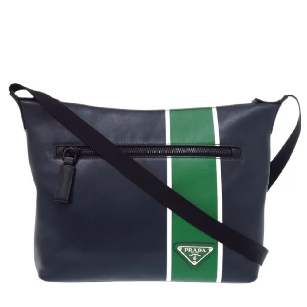 Prada Leather Triangle Navy Blue Green Shoulder Bag